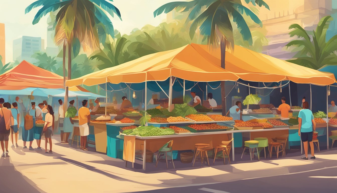 A vibrant street market with colorful food stalls showcasing a variety of Cuban-influenced taco dishes. Palm trees and tropical foliage in the background