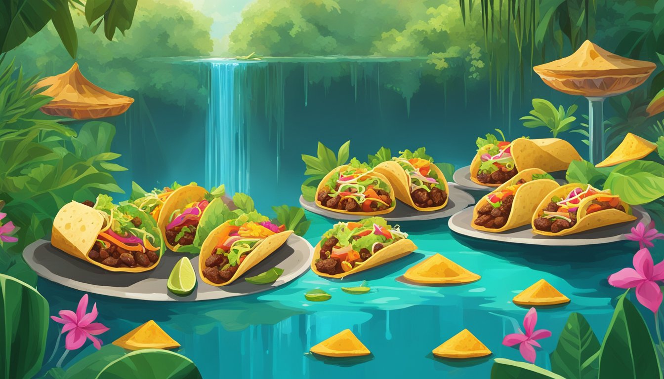 A colorful array of tacos set against the backdrop of a lush cenote with crystal-clear water and vibrant greenery