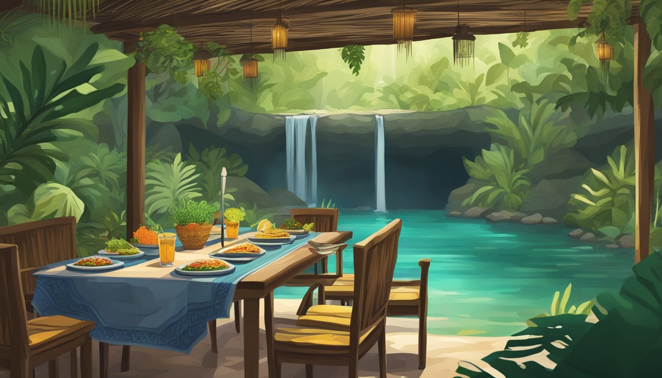 A lush cenote surrounded by tropical plants, with a table set for a meal of traditional Mexican tacos