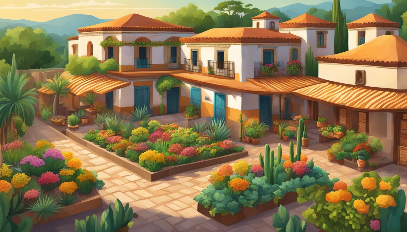 A traditional Mexican hacienda with lush gardens, adobe buildings, and a vibrant market selling sustainable tacos