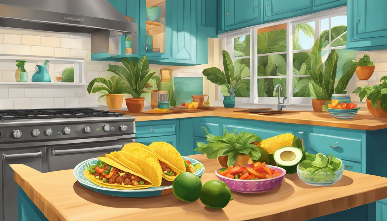 A kitchen counter with fresh ingredients for Cuban tacos, surrounded by Florida-inspired decor