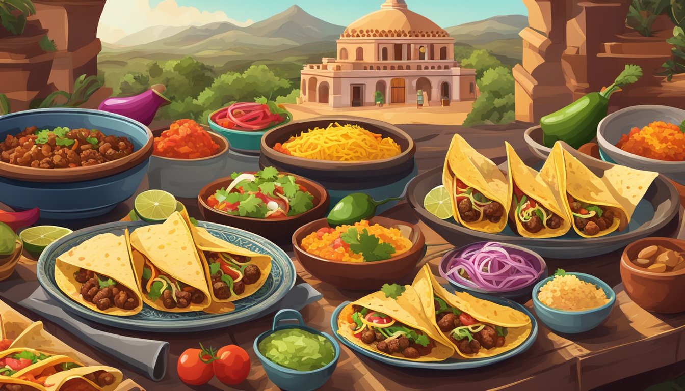 A colorful spread of traditional Mexican tacos, surrounded by ingredients and cooking utensils, with a backdrop of historic haciendas