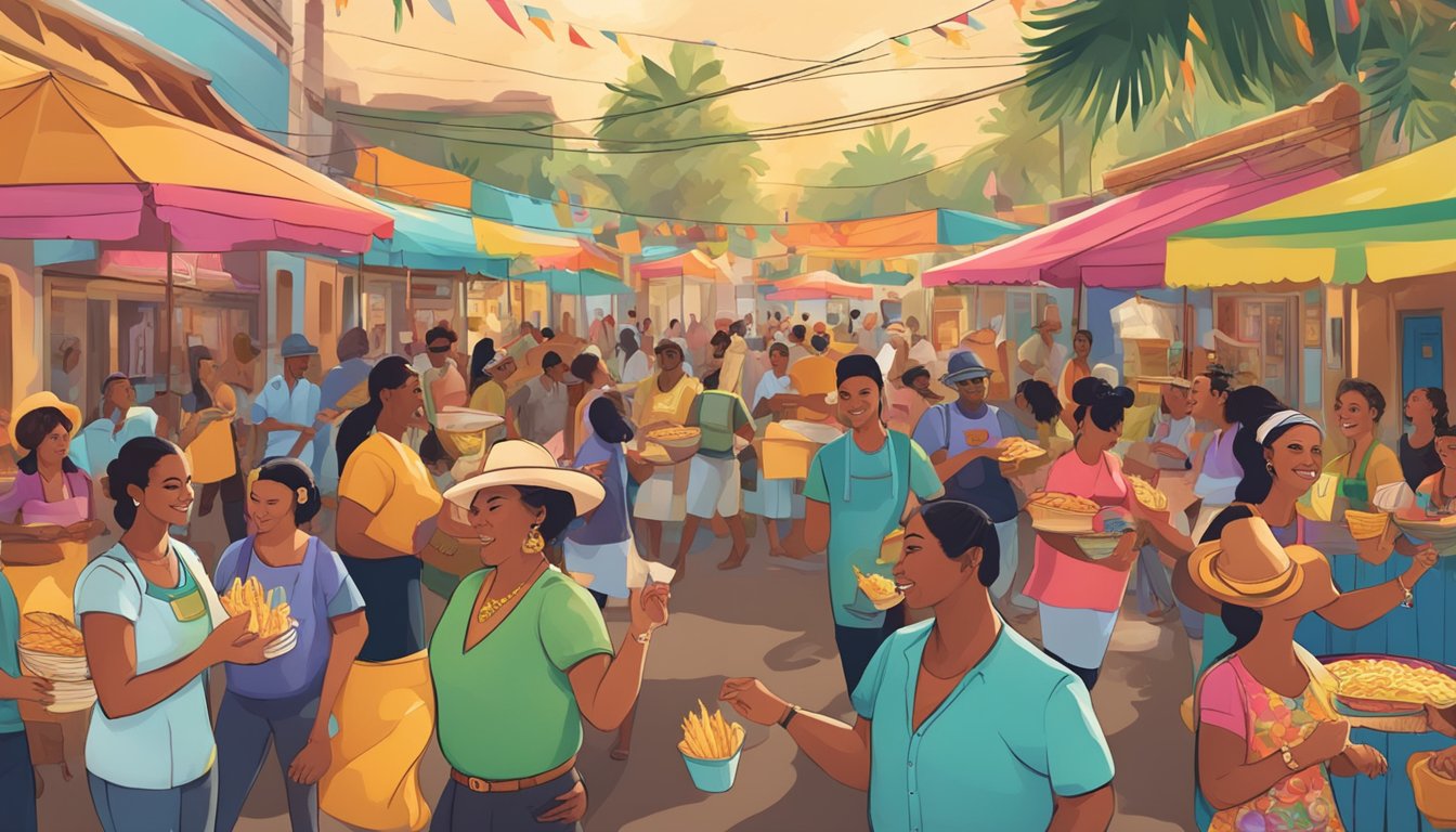 A colorful street festival showcasing a variety of Cuban-influenced taco vendors, with lively music and dancing in the background