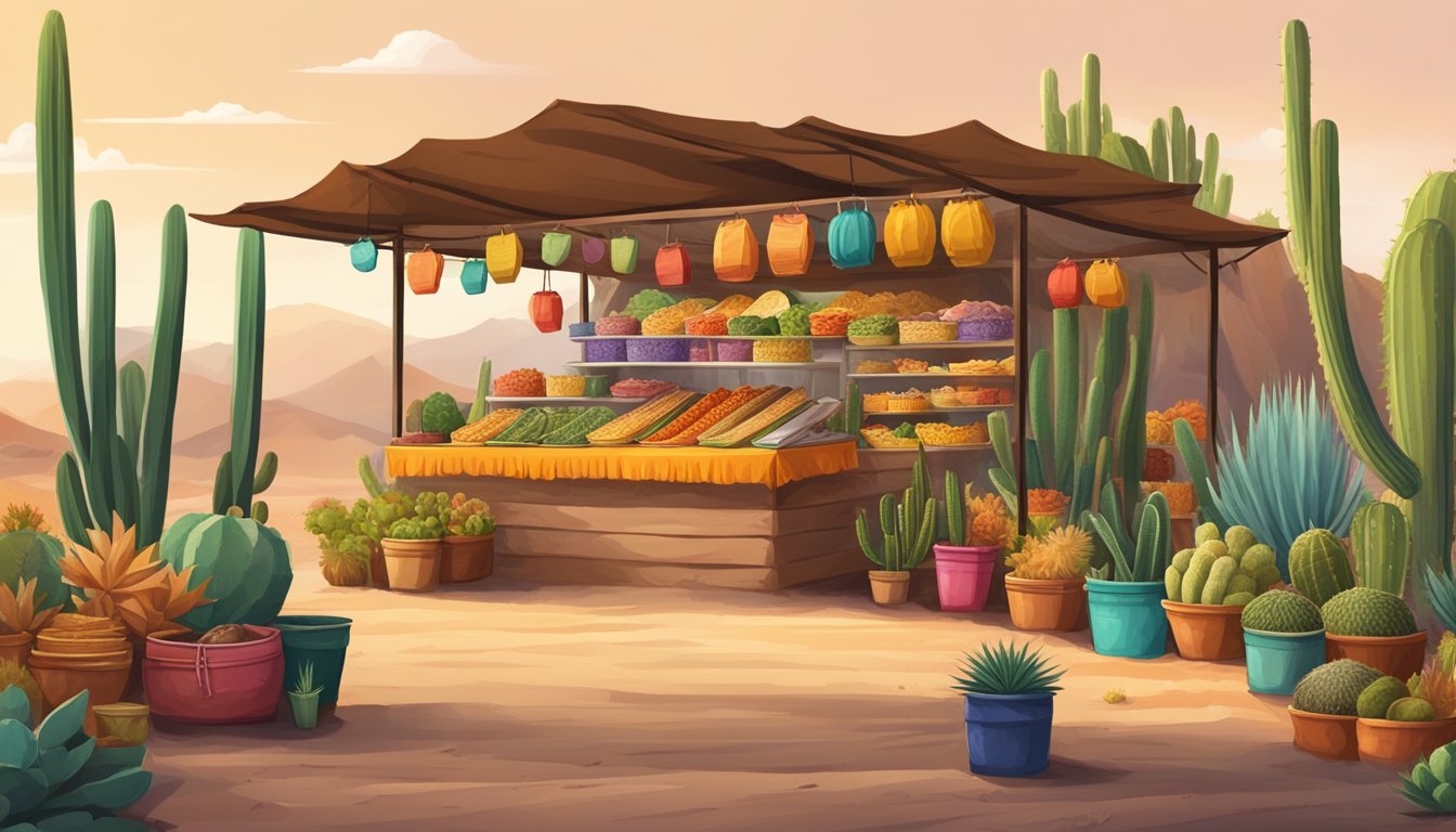 A colorful market stall in the Mexican desert, with a variety of tacos on display, surrounded by cacti and desert plants