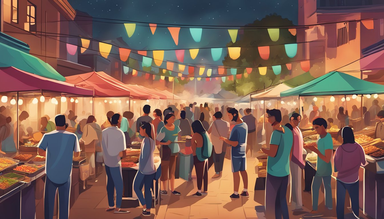 A bustling Mexican night market, with colorful food stalls and aromatic smoke rising from sizzling grills. Customers eagerly line up to sample the iconic street tacos