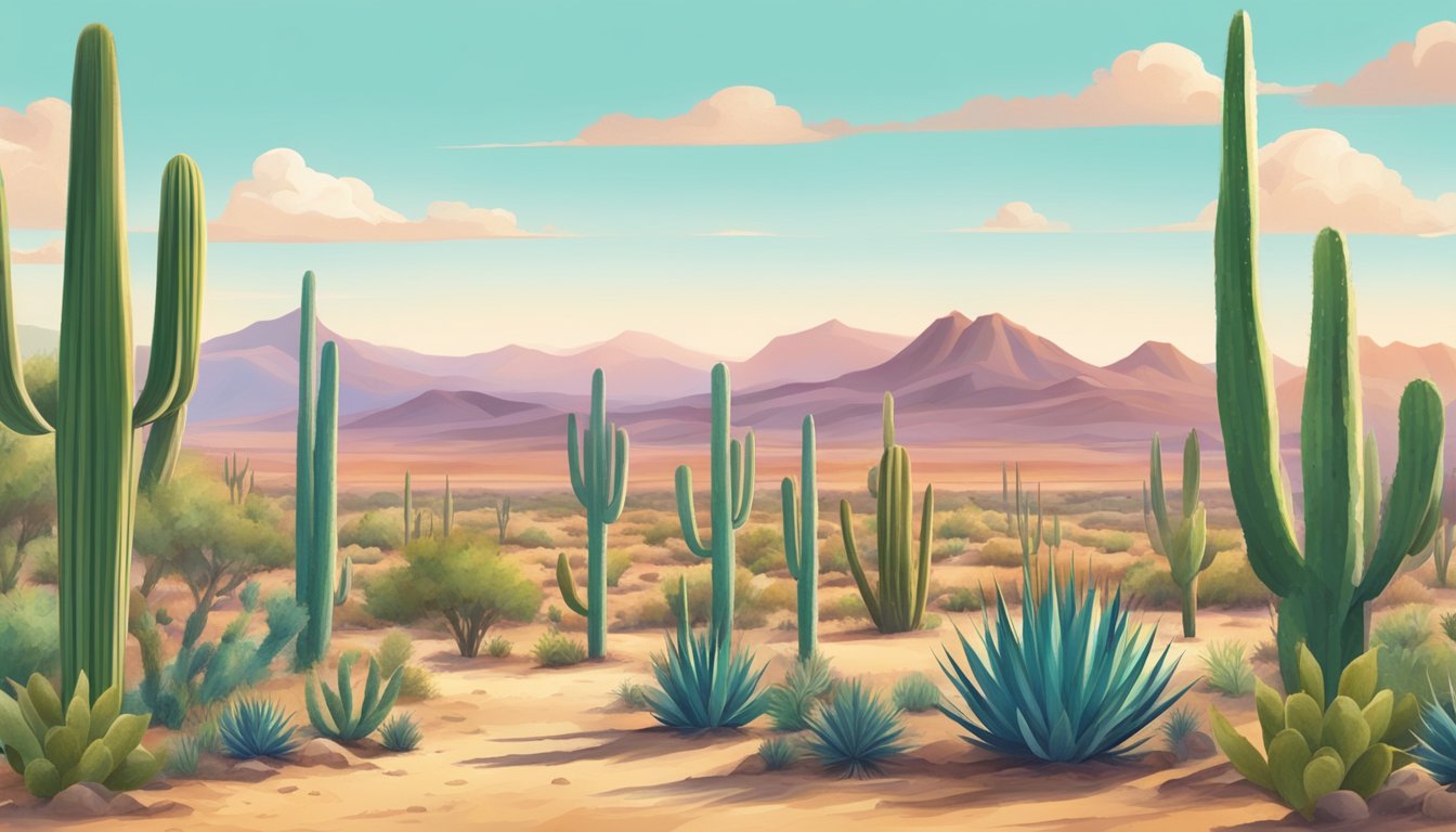 A vast desert landscape with cacti and agave plants, a colorful taco stand in the distance