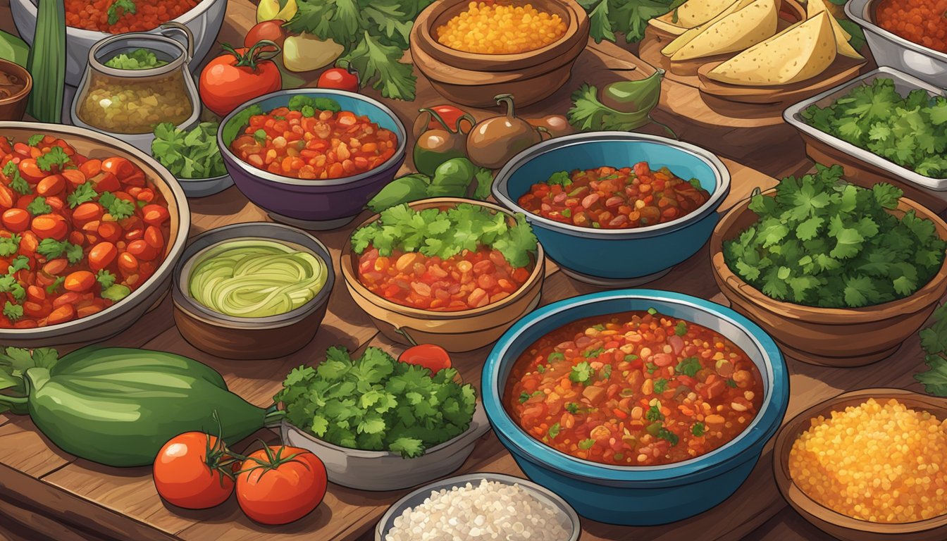 Colorful array of fresh cilantro, diced onions, juicy tomatoes, and sizzling meats, surrounded by vibrant spices and tangy salsas at a bustling Mexican night market