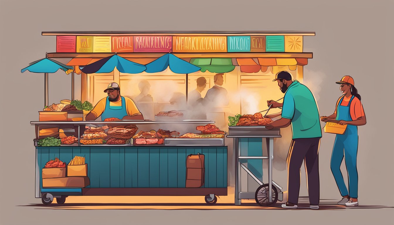 Vendors grilling meat and assembling tacos under colorful market lights