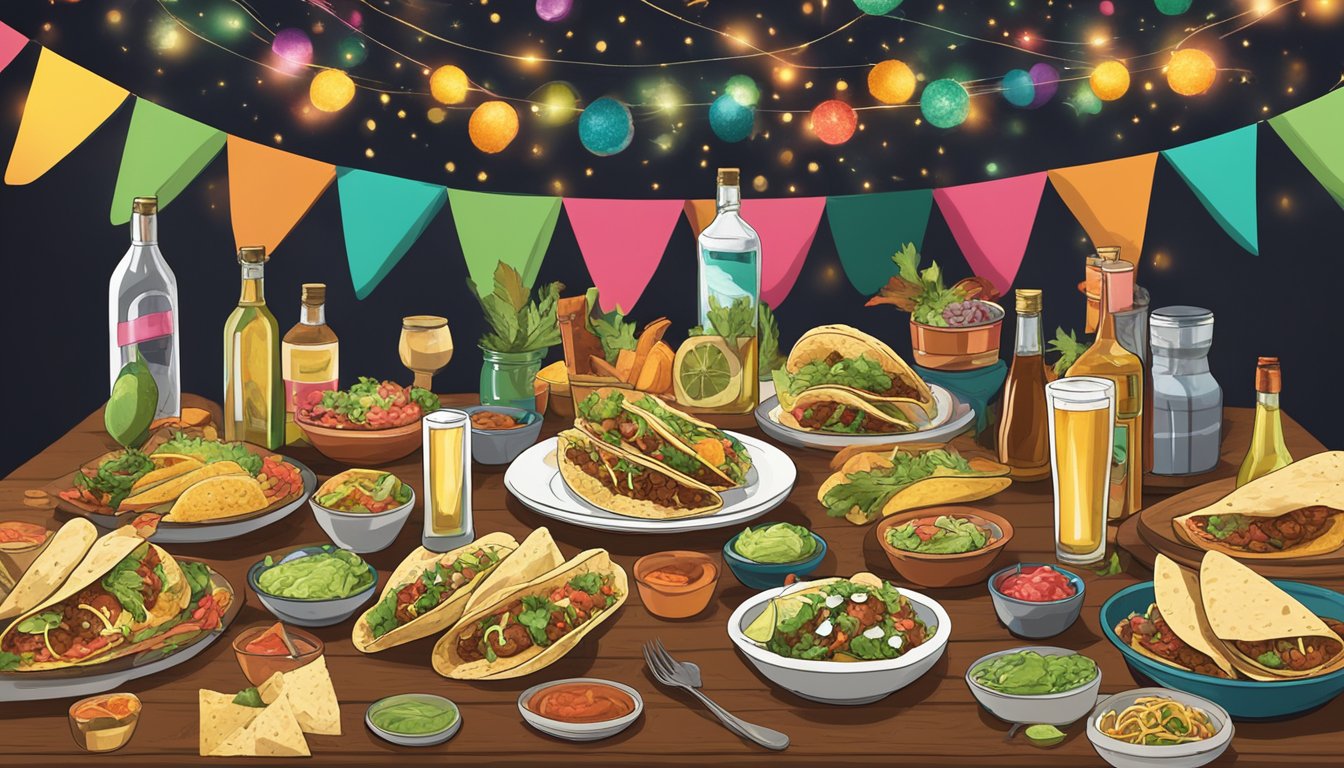 A festive table with an array of tacos and various bottles of craft booze, surrounded by eager event attendees