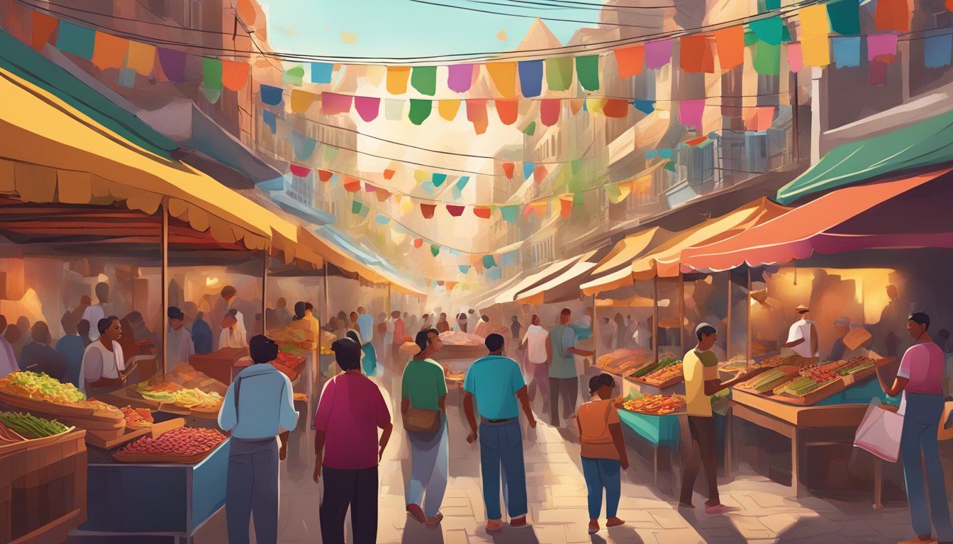 A bustling street market with colorful stalls, the aroma of sizzling meat and spices, and a vibrant atmosphere filled with the sound of chatter and sizzling tacos