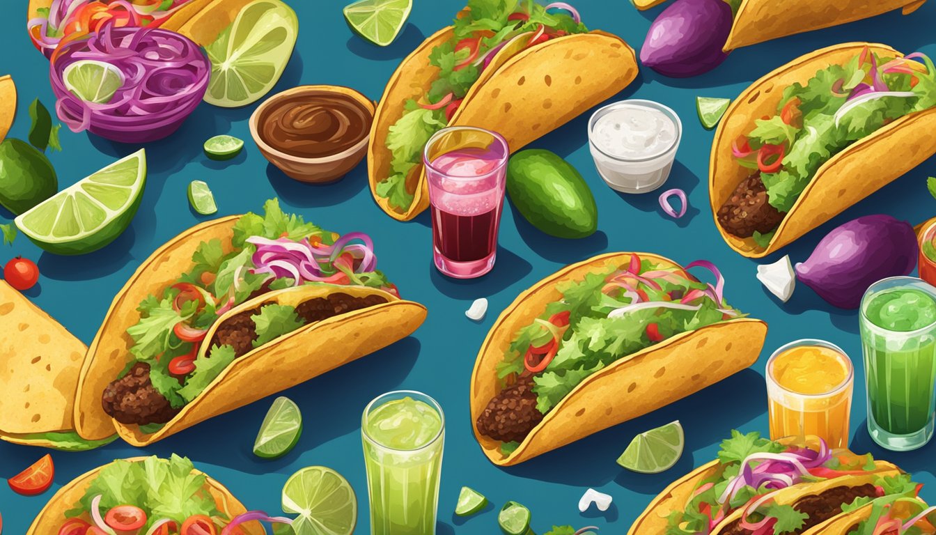 A festive taco event with colorful tacos and a variety of alcoholic beverages