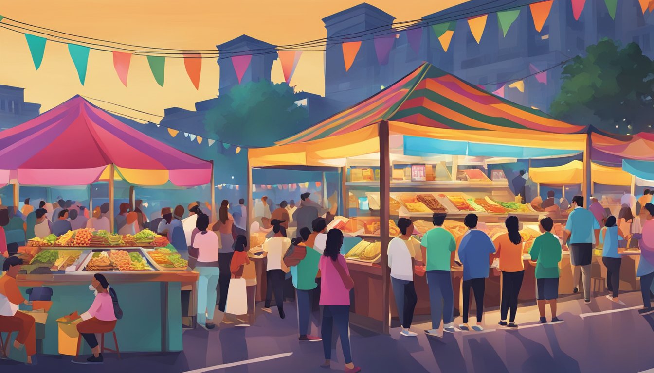 A bustling night market with colorful stands and people enjoying tacos