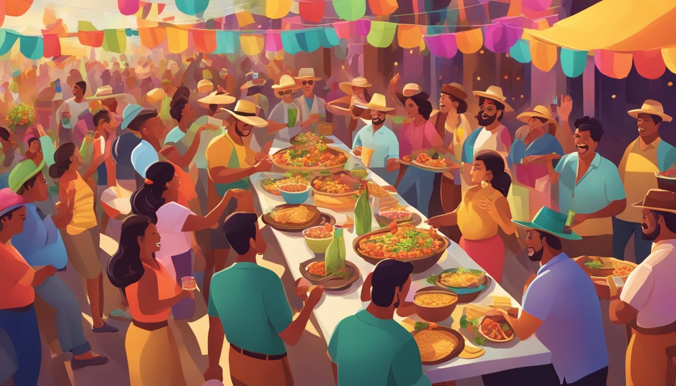 A colorful fiesta scene with tacos, margaritas, and a lively crowd enjoying a festive event