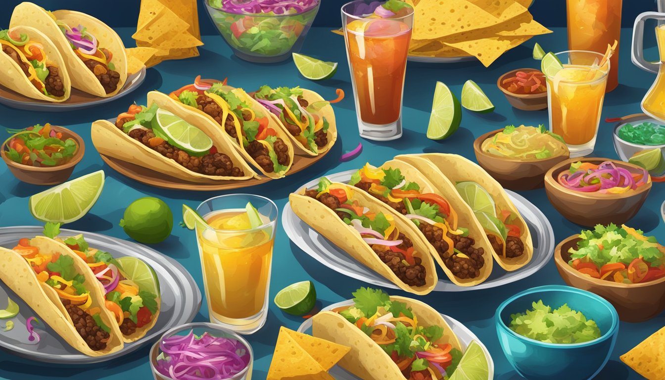 A lively taco event with colorful decorations, a variety of taco options, and a selection of alcoholic beverages to complement the delicious food