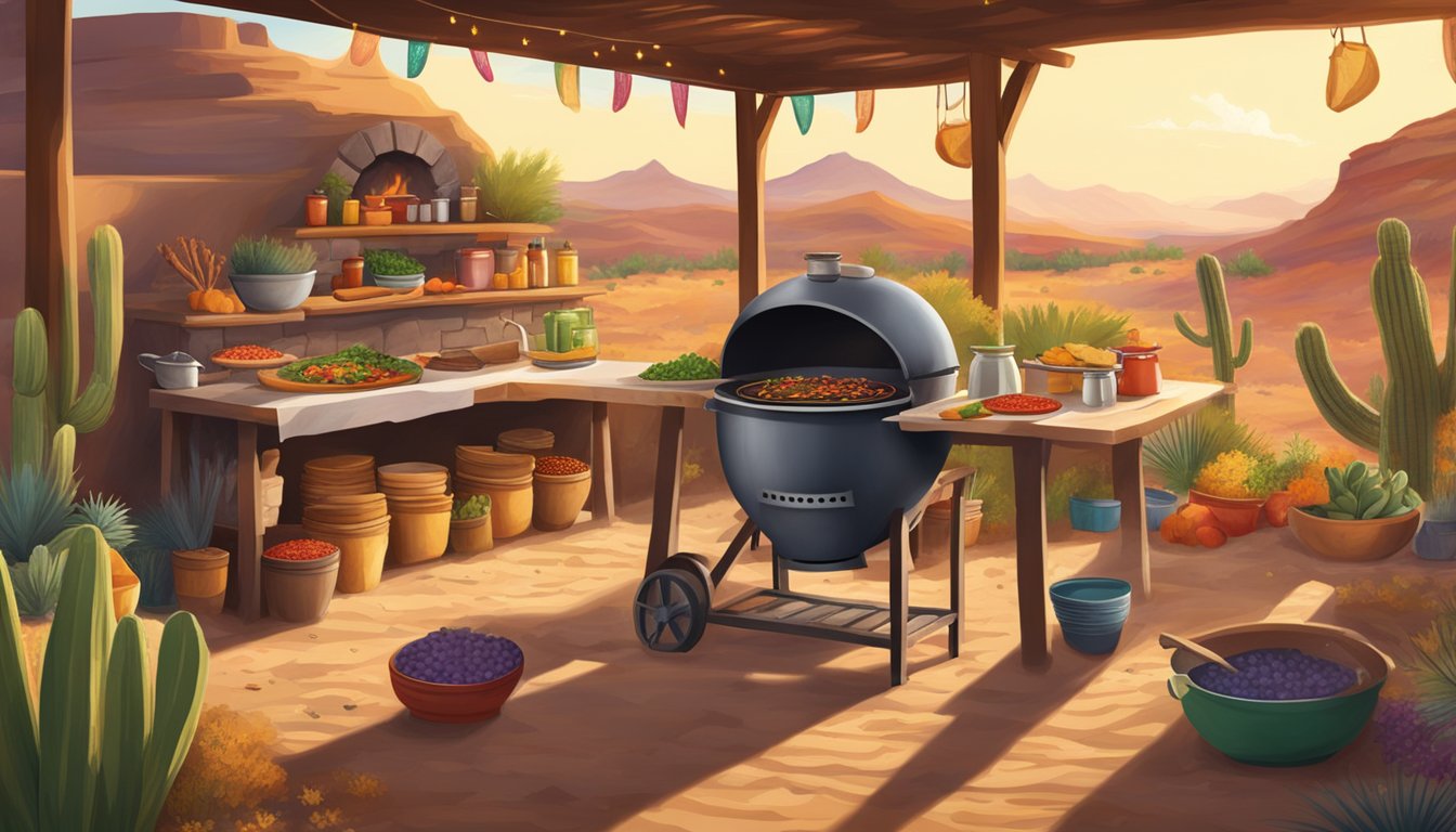 A desert landscape with a rustic outdoor kitchen, where a chef prepares traditional Mexican tacos over an open flame. Colorful ingredients and spices are scattered around the scene