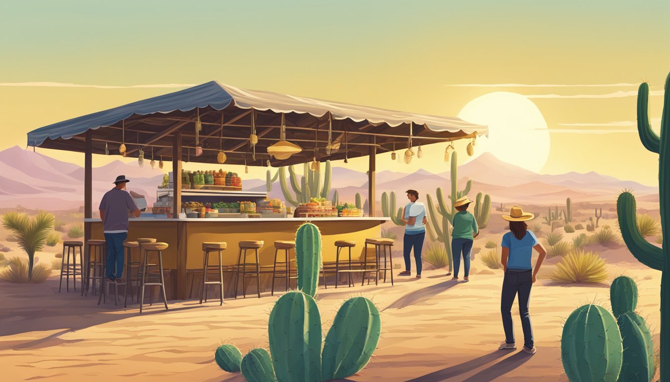 A desert landscape with cacti, a rustic taco stand, and people enjoying tacos under the bright sun