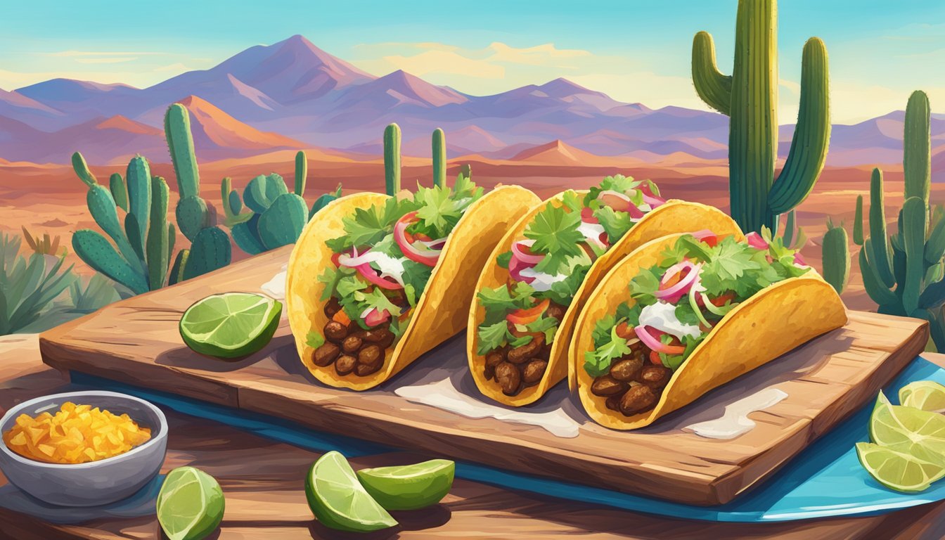 A desert landscape with a vibrant blue sky, cacti, and a colorful spread of modern-style tacos on a rustic table