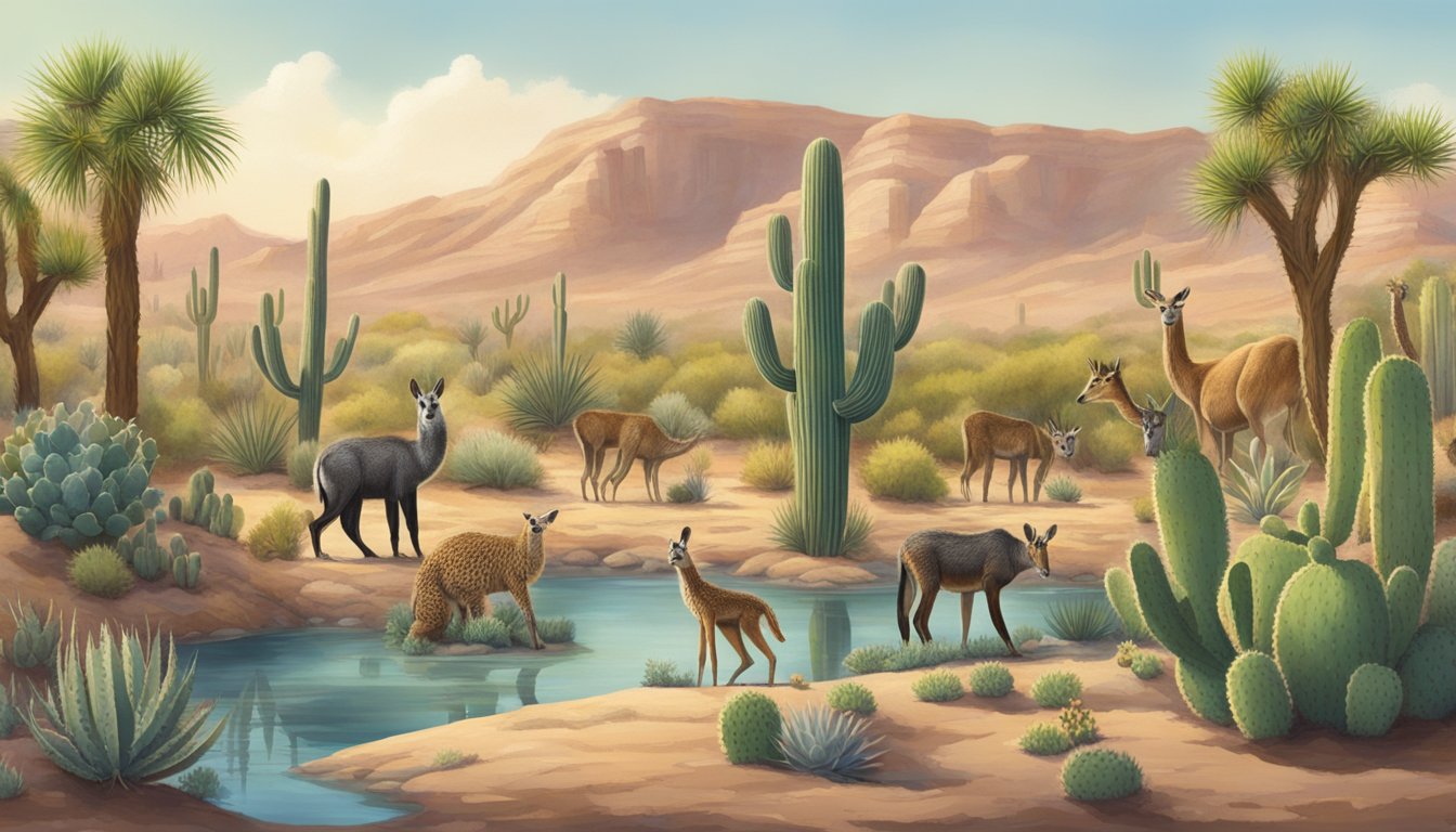 A group of desert animals gather around a watering hole, with cacti and other native plants in the background