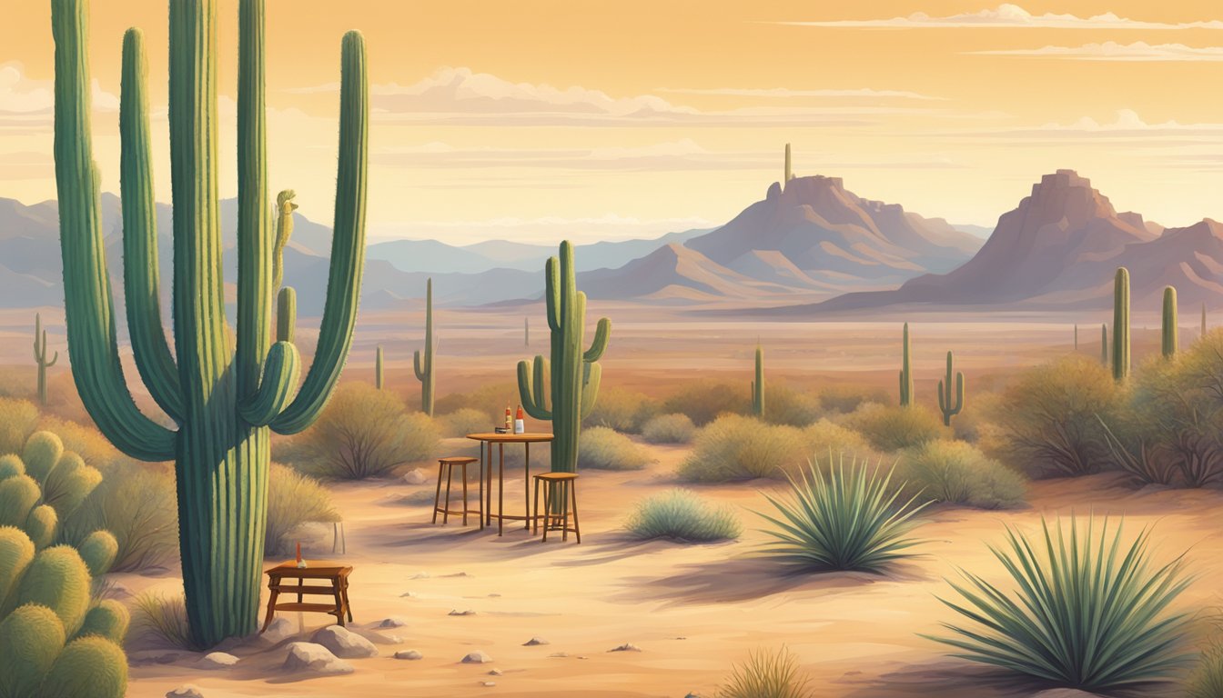 A lone saguaro cactus stands tall in the desert, with a small makeshift table set with tacos and hot sauce, surrounded by the vast, sandy landscape