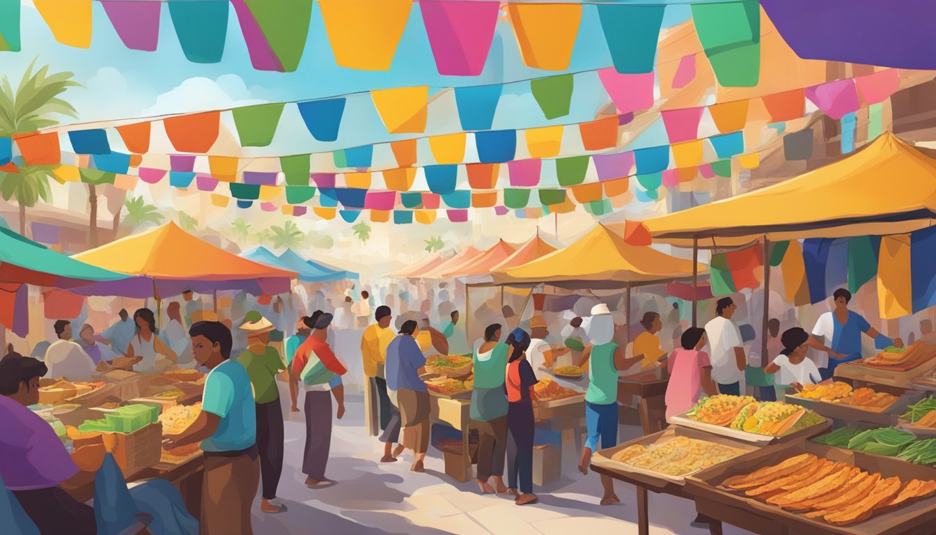 A bustling market in the Mexican Gulf, with vendors selling tacos from colorful stalls amid lively music and vibrant decorations