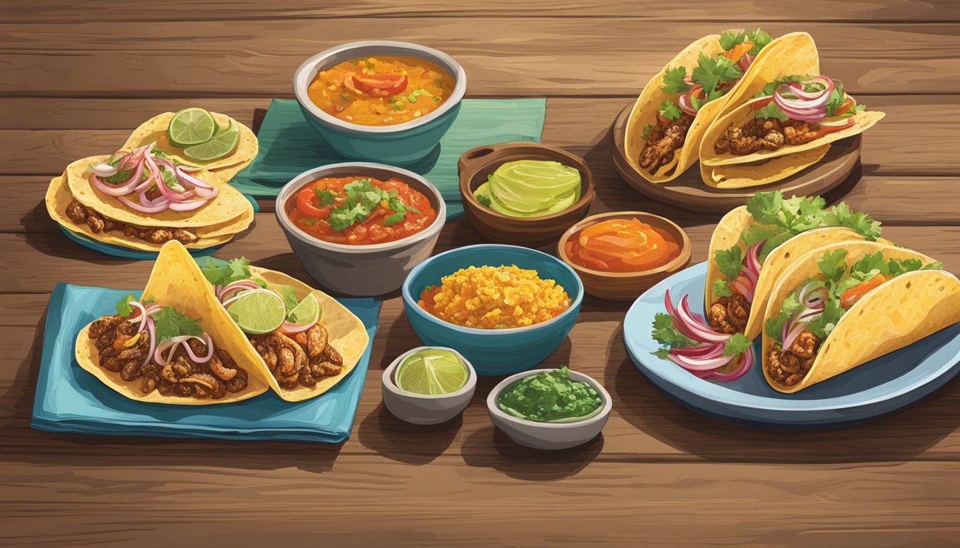 A colorful spread of gulf tacos, each with unique ingredients, arranged on a rustic wooden table. Fresh seafood, vibrant salsas, and traditional spices add to the visual appeal