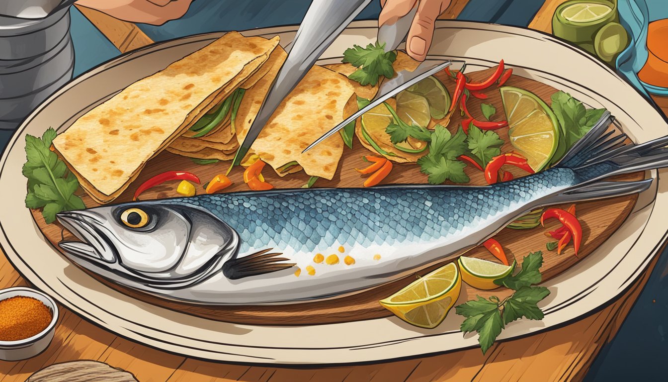 Freshly caught fish being filleted and seasoned with colorful spices, while tortillas are being toasted over an open flame