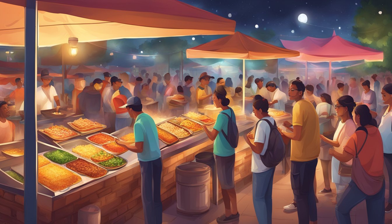 Colorful taco stands bustling with customers in a lively Mexican night market, with the scent of sizzling meat and the sound of salsas being prepared