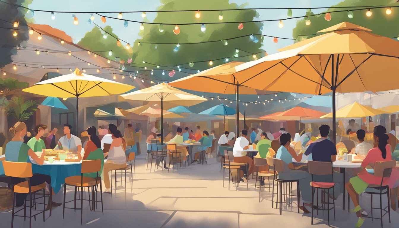 A bustling outdoor patio filled with colorful umbrellas, festive string lights, and a variety of taco vendors serving up delicious, mouth-watering creations