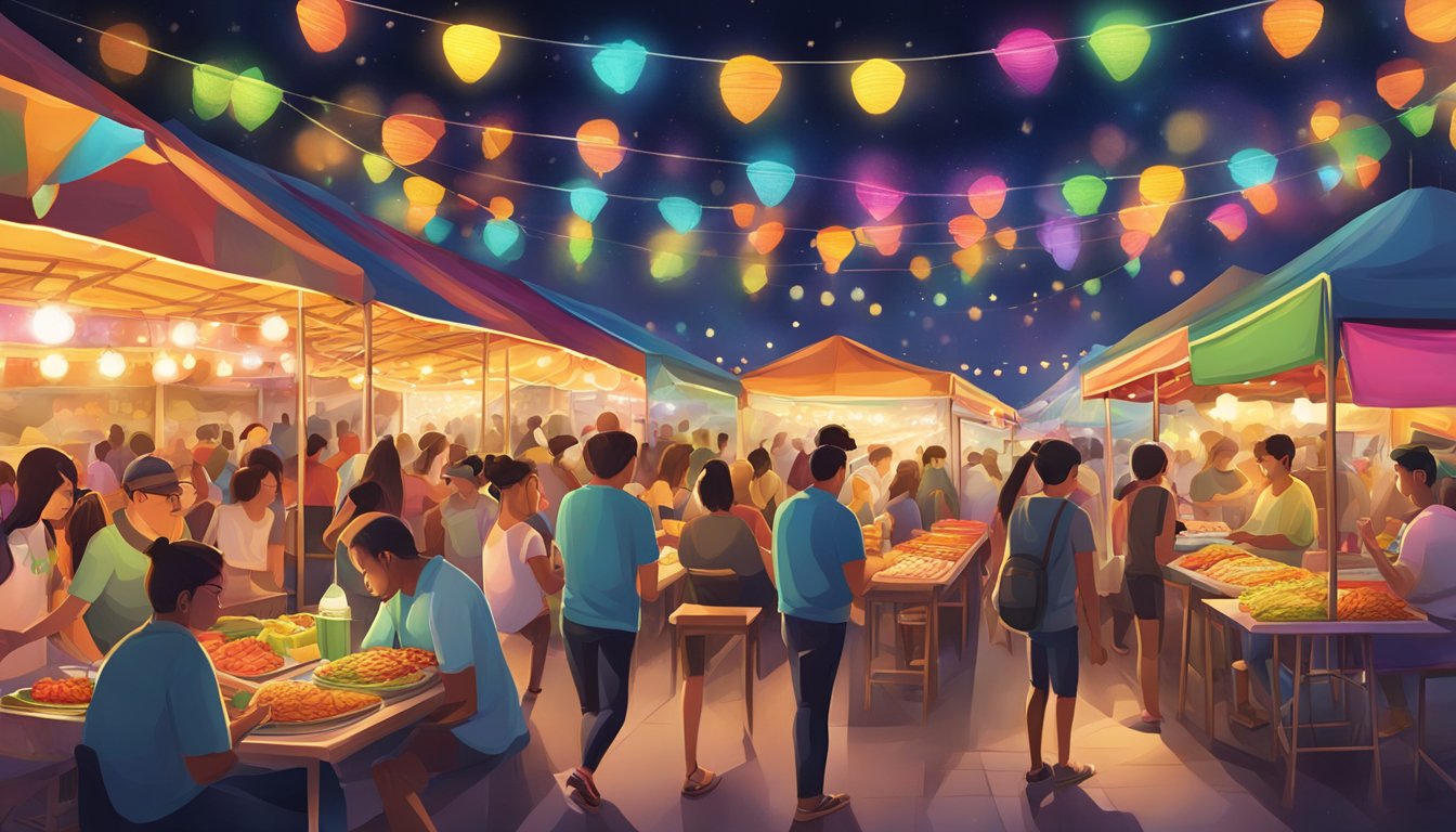 Vibrant night market with colorful taco stands, bustling crowds, and festive lights