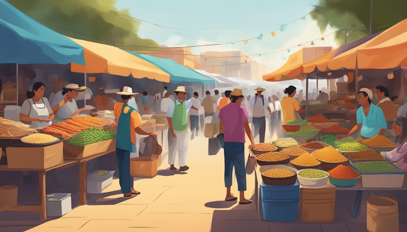 A bustling Mexican Gulf community market, with vendors selling an array of colorful and aromatic tacos. The air is filled with the sound of sizzling meat and the chatter of locals