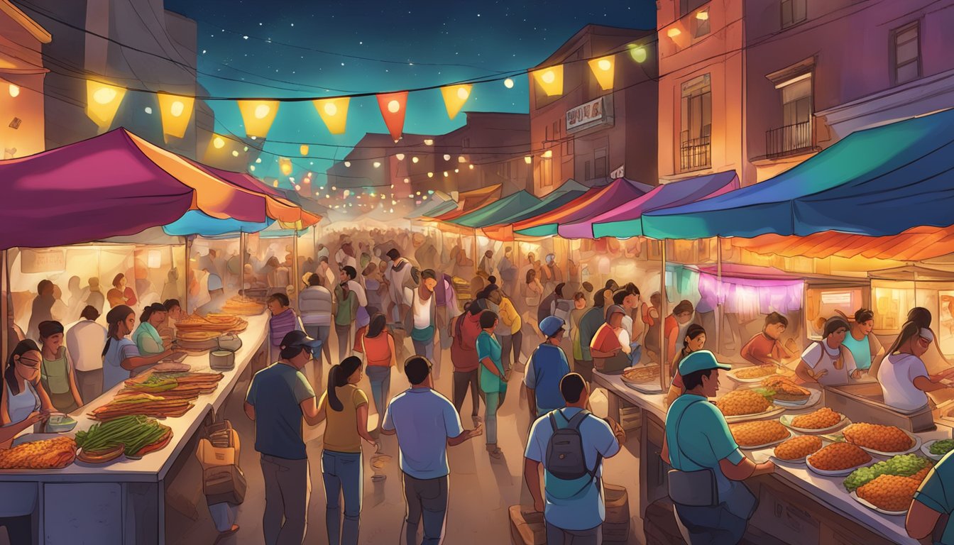 Vibrant night market scene with sizzling grills, colorful ingredients, and bustling crowds surrounding vendors serving up authentic Mexican tacos