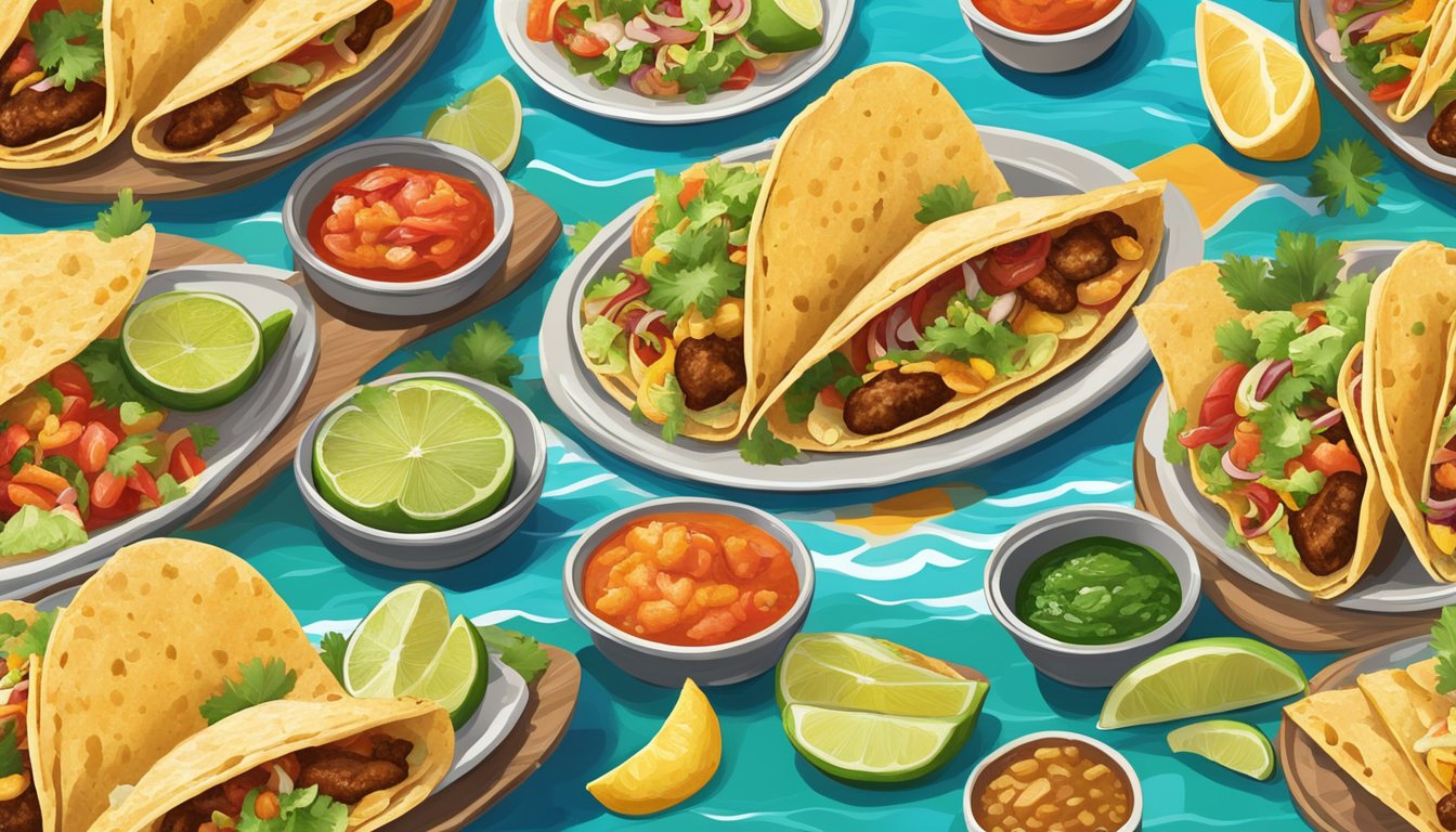 A colorful array of tacos from the Mexican Gulf, featuring fresh seafood and vibrant salsas, set against a backdrop of palm trees and ocean waves