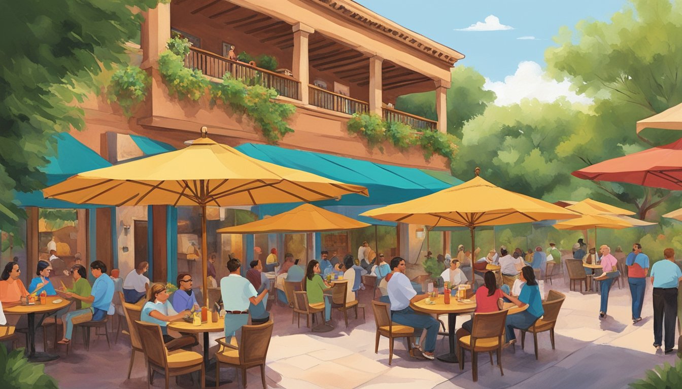 A bustling outdoor patio with colorful umbrellas, surrounded by vibrant adobe walls and lush greenery, as diners enjoy authentic tacos at La Fonda on Main