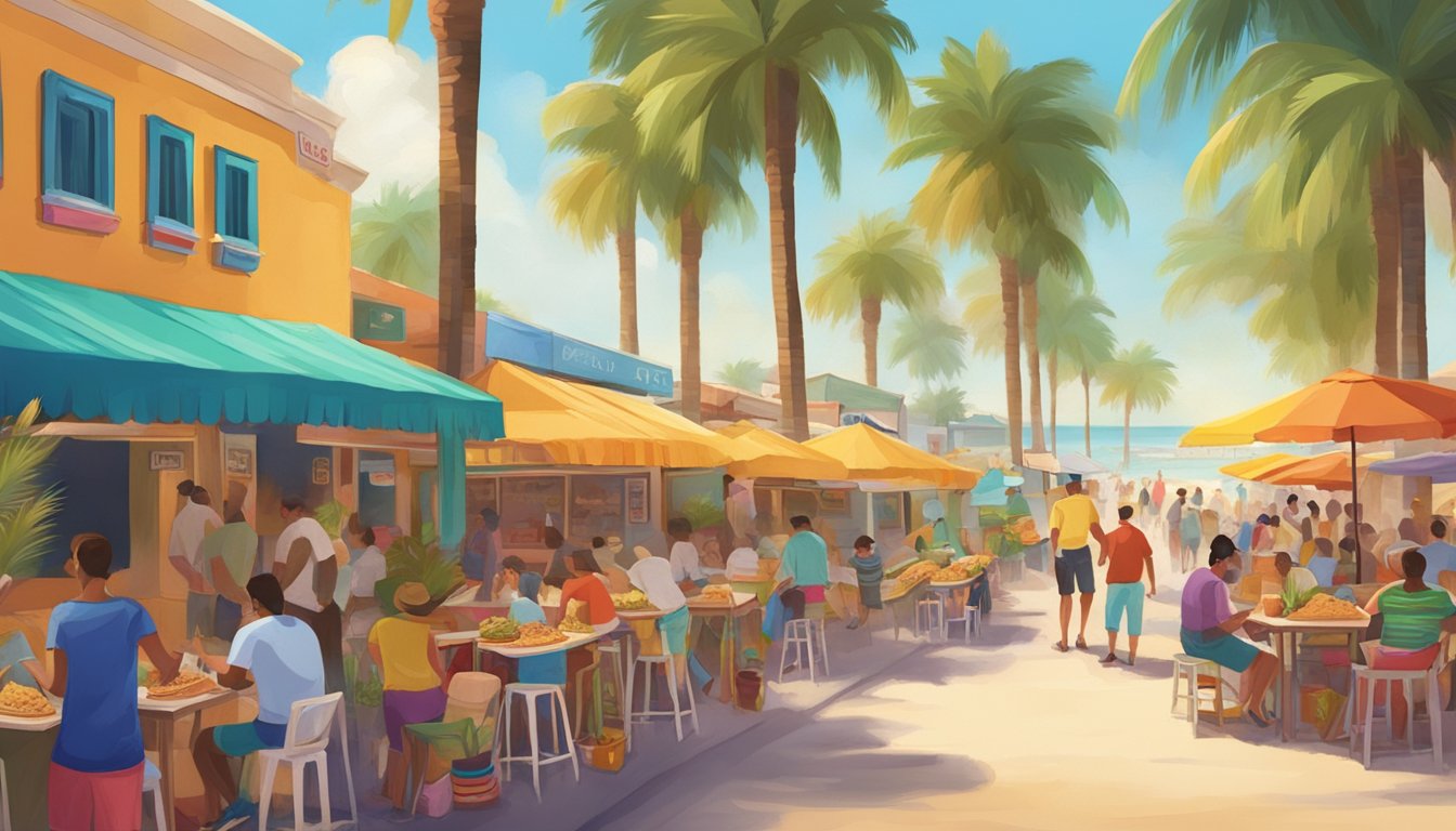 A bustling street lined with colorful taco stands, surrounded by palm trees and beach-goers enjoying the warm, sunny weather in the Gulf region