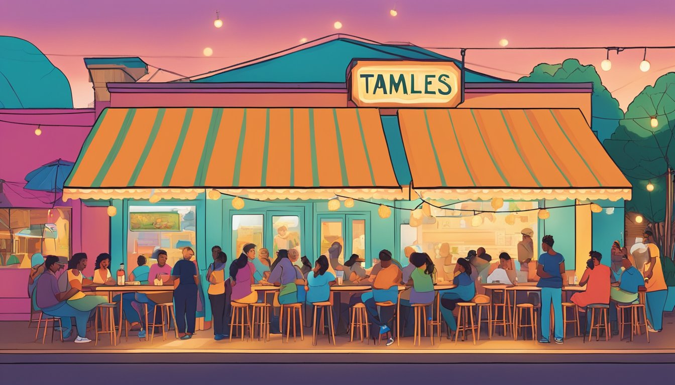 A colorful, bustling outdoor patio with string lights, a vibrant mural, and a line of customers waiting to order tamales in front of Rosie's Tamale House in Austin, Texas