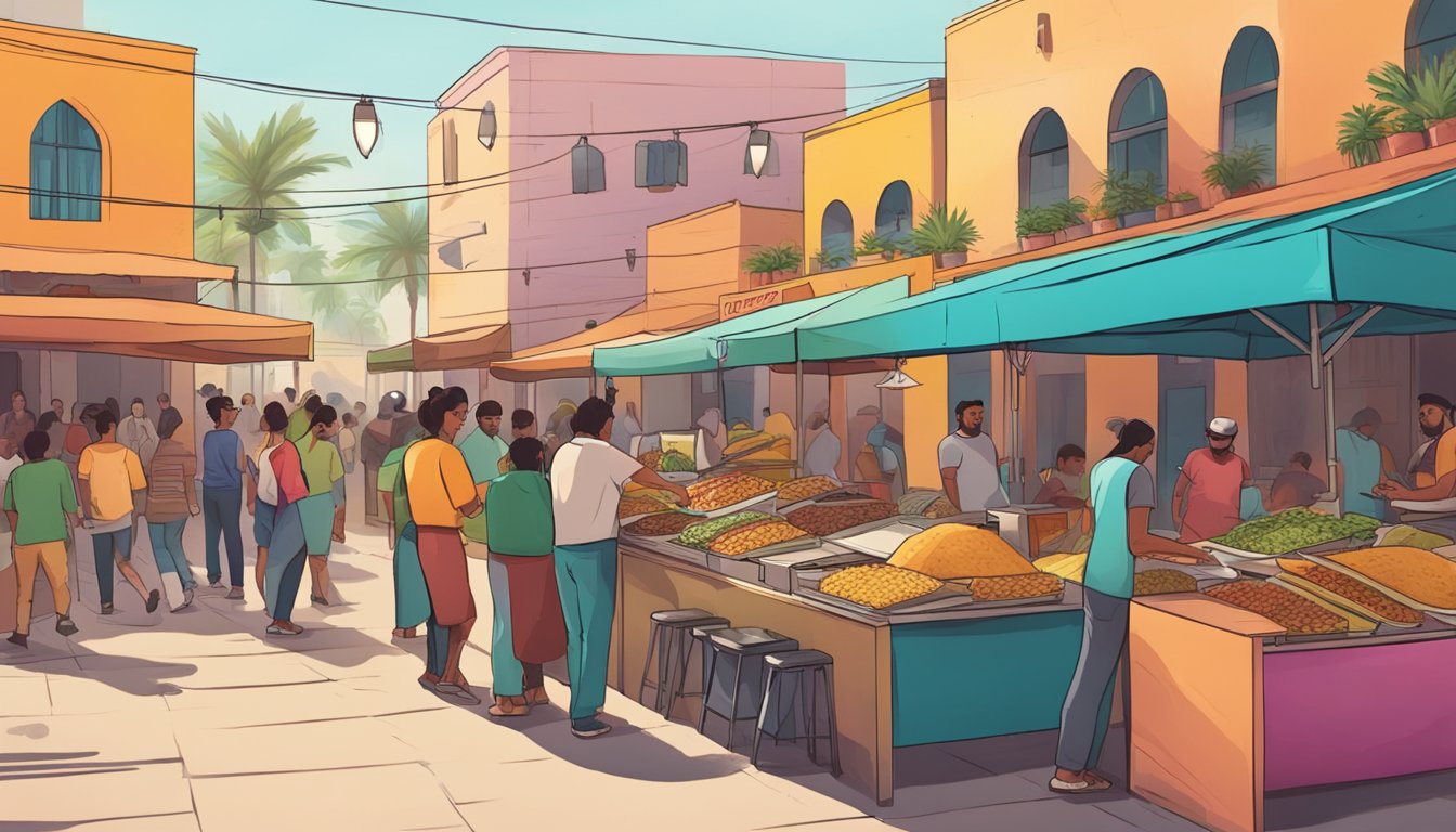 A bustling street market in the GCC with colorful taco stands and customers exchanging money for delicious Mexican Gulf tacos