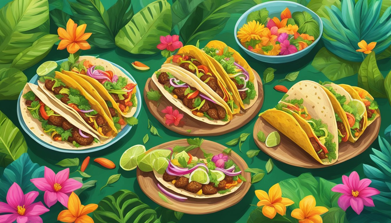 A group of colorful tacos nestled among lush green foliage in the Mexican rainforest, surrounded by vibrant flowers and wildlife