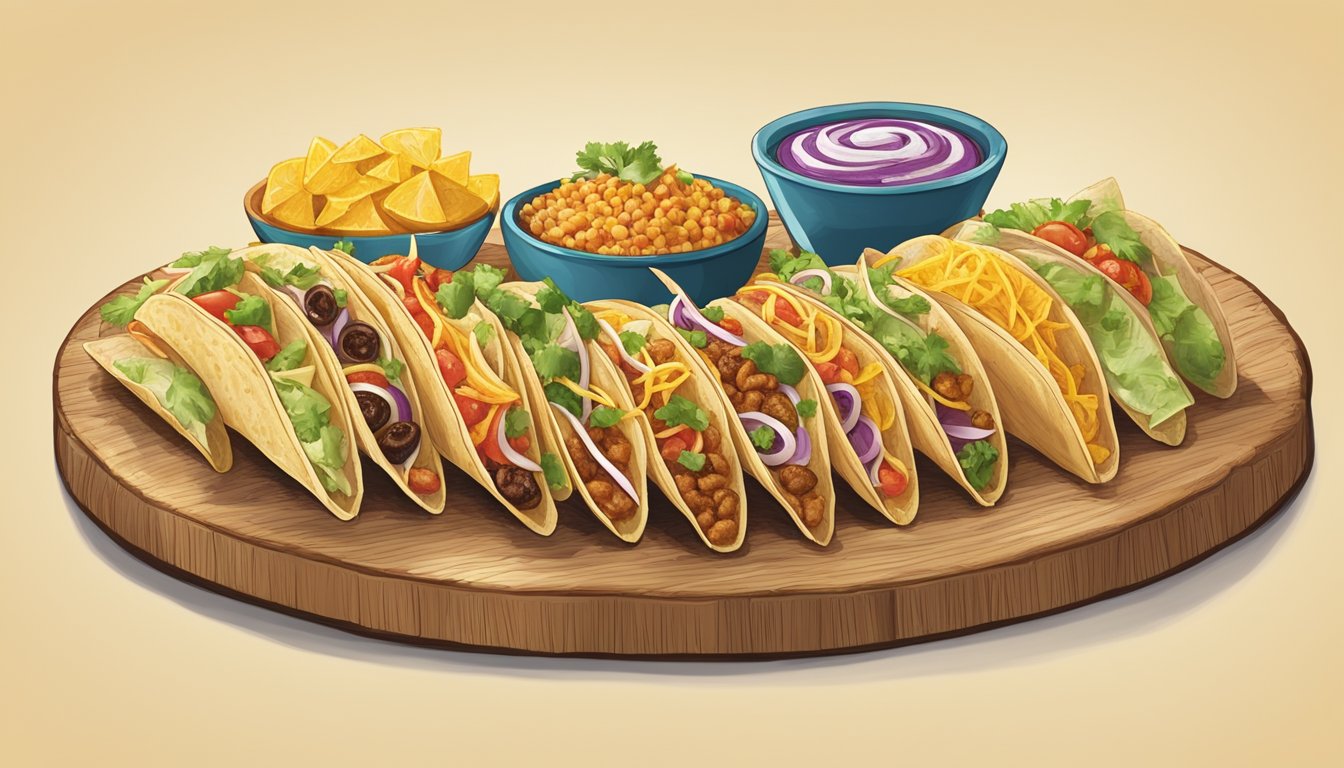 A colorful array of Gulf tacos arranged on a wooden platter, showcasing a variety of fillings and toppings, with vibrant and fresh ingredients