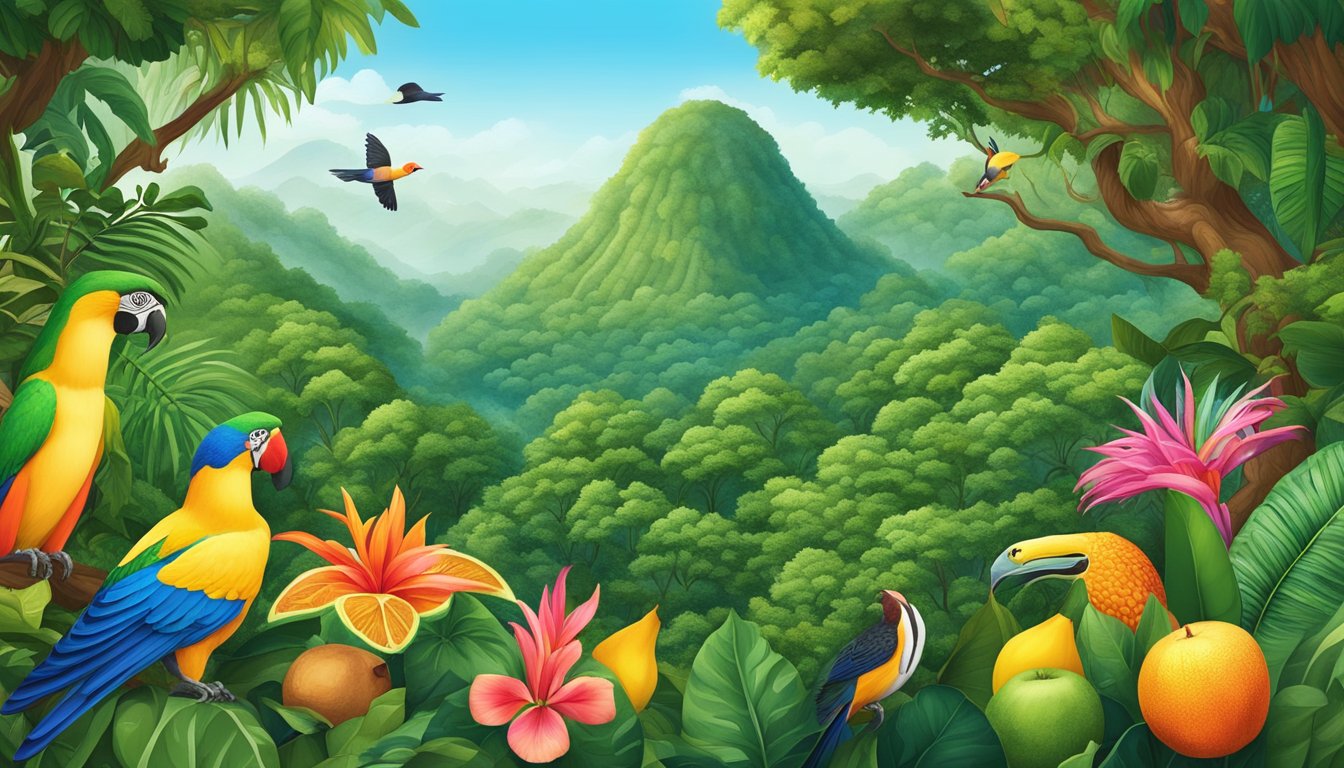 Lush green rainforest canopy with vibrant exotic fruits, colorful flowers, and unique plants, surrounded by diverse wildlife