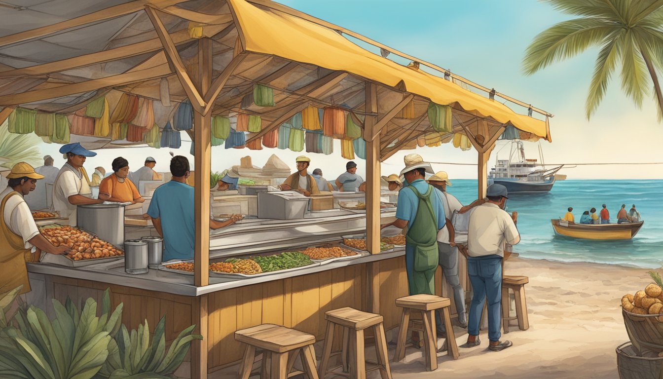 A bustling taco stand on the shores of the Mexican Gulf, with fishermen bringing in fresh seafood and workers tending to sustainable taco production