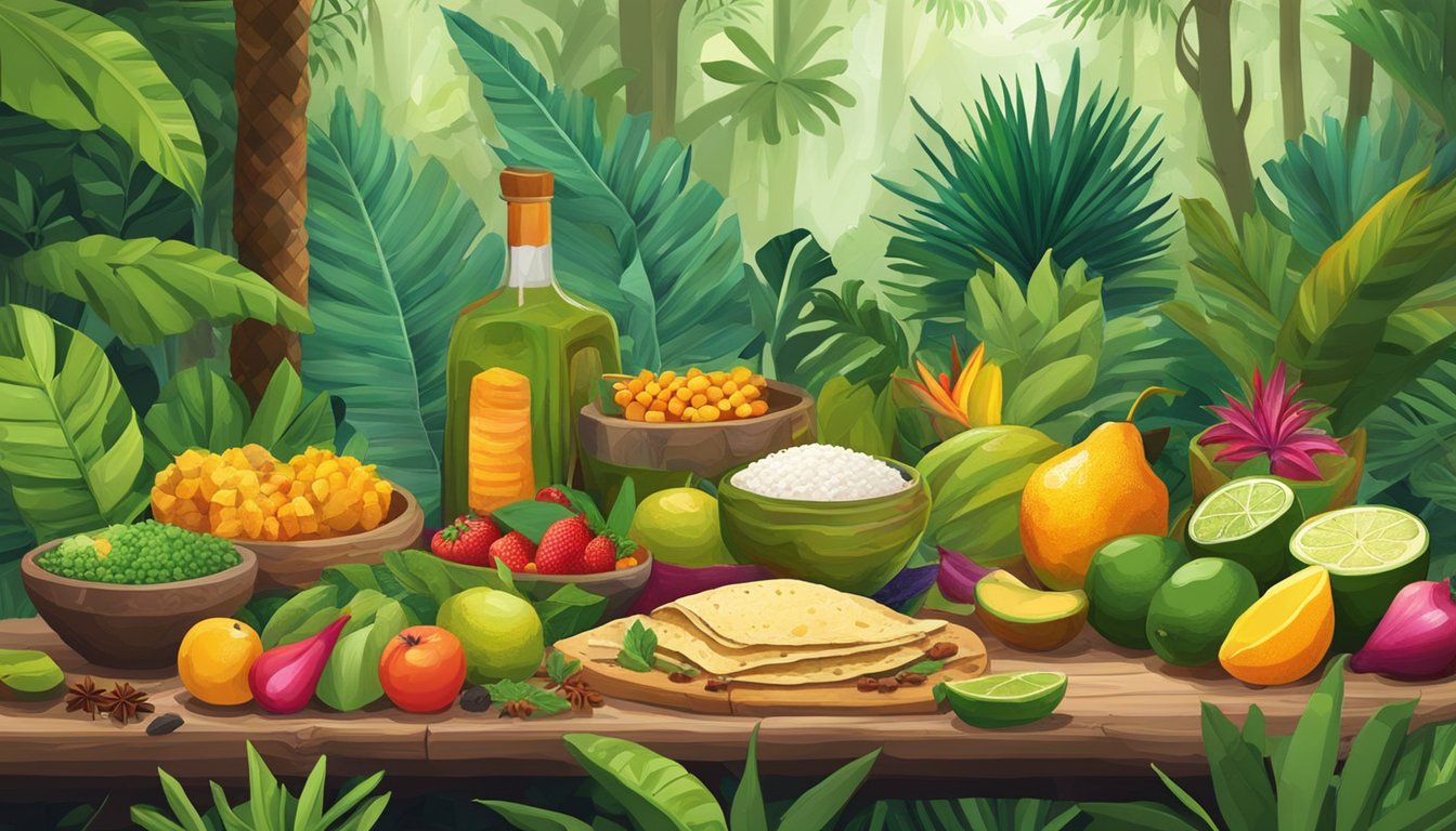 A traditional Mexican rainforest scene with various tropical plants and exotic fruits, alongside a table filled with colorful ingredients and spices for making rainforest tacos