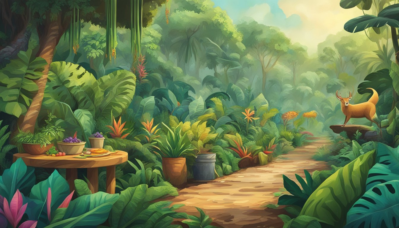 A lush rainforest with vibrant plants and animals, with a focus on unique ingredients being prepared into flavorful tacos