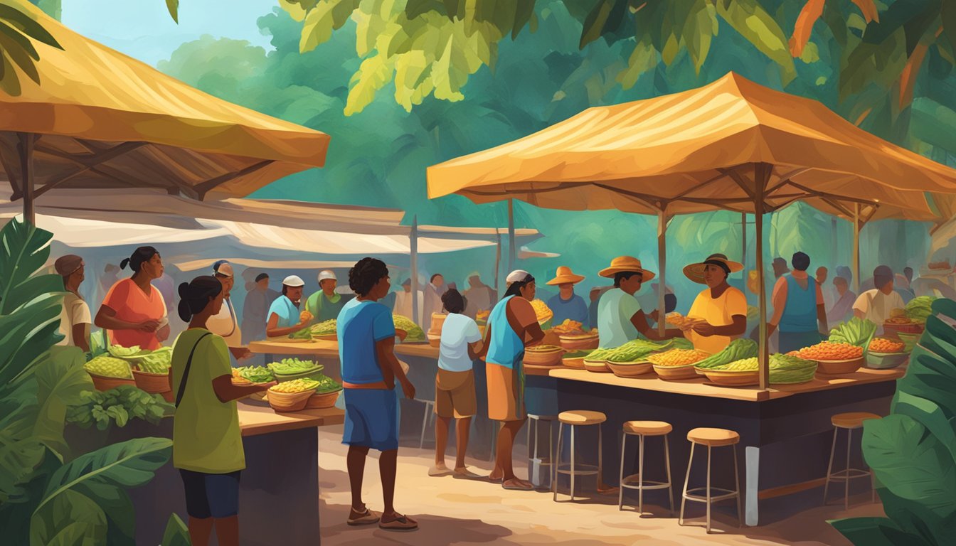 Vibrant market scene with indigenous people selling tacos under lush rainforest canopy