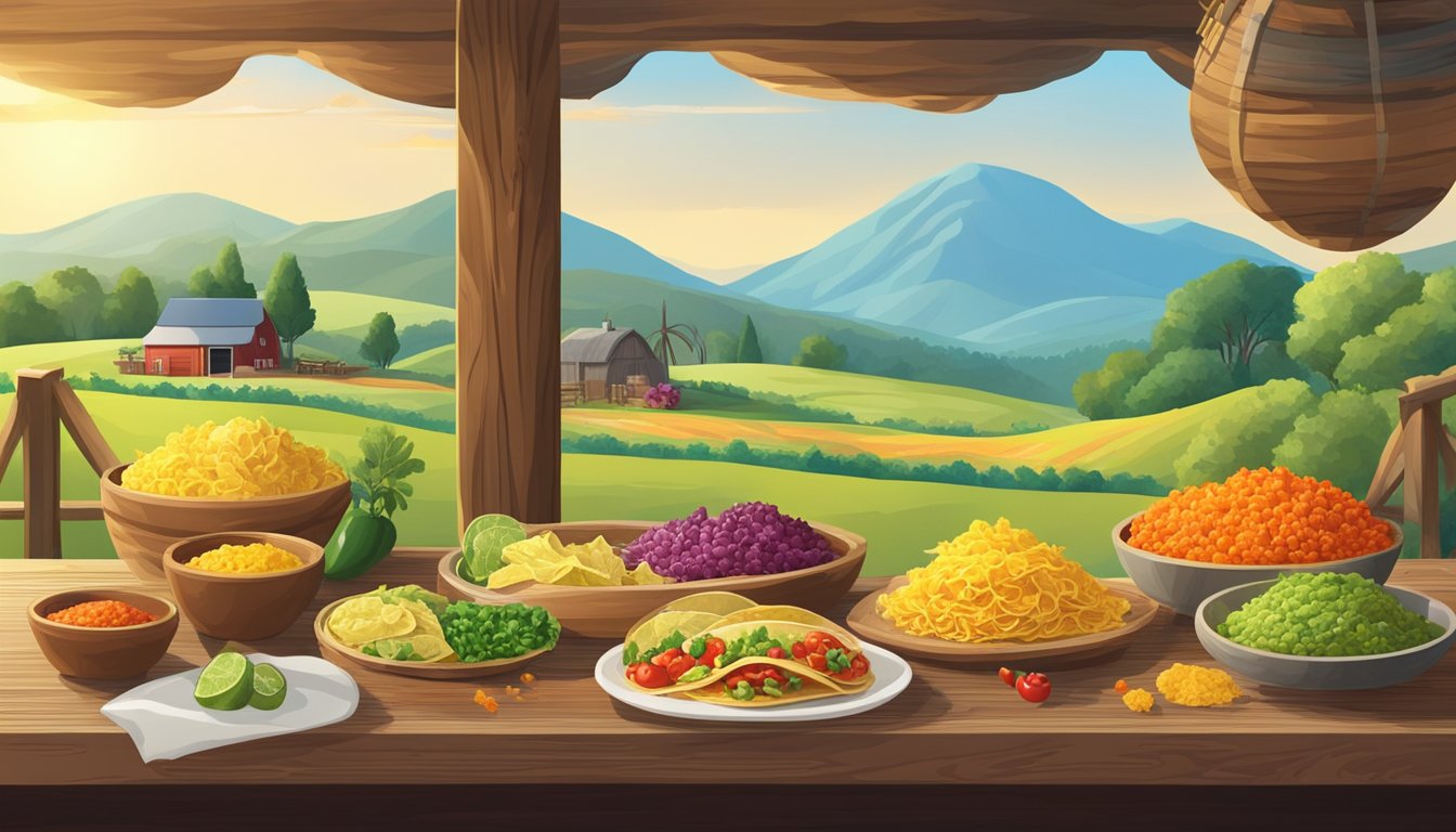 A rustic farm setting with colorful taco ingredients spread out on a wooden table, surrounded by rolling hills and a clear blue sky