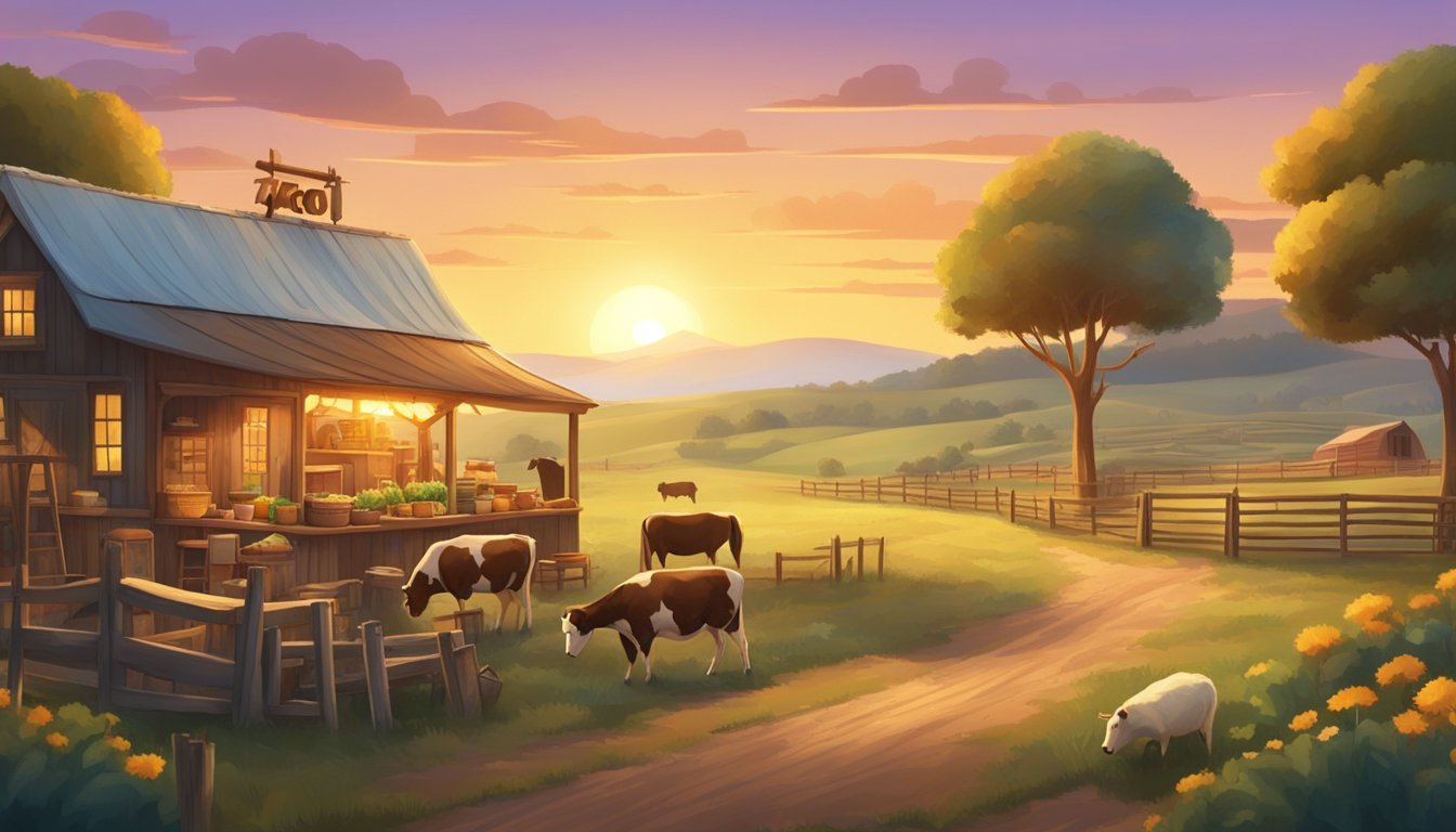 A rustic farm setting with a colorful taco stand surrounded by rolling hills and grazing livestock. Sunrise casts a warm glow over the scene