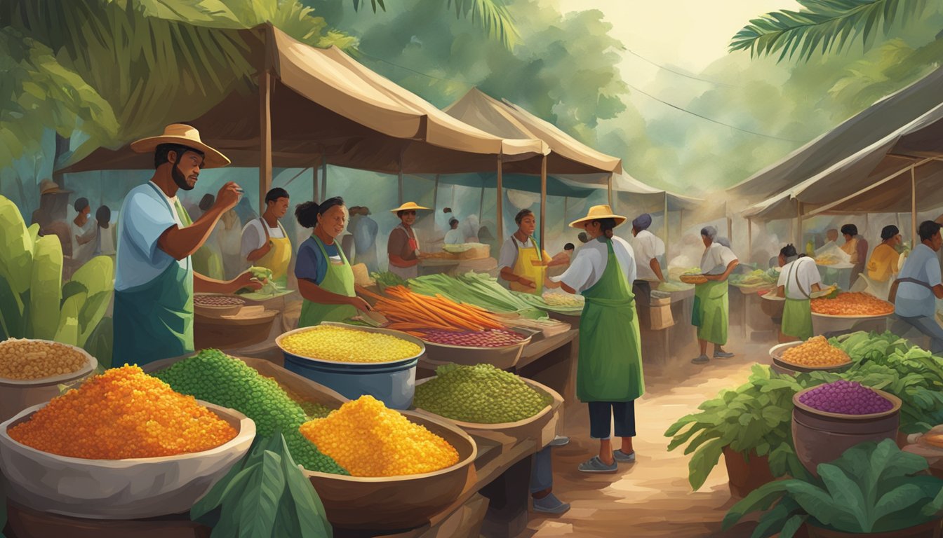 A bustling rainforest market with colorful ingredients, indigenous cooks, and steaming pots of exotic taco fillings