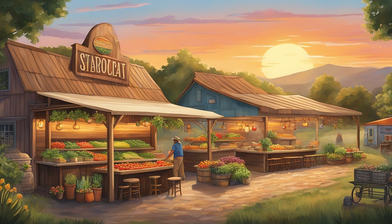 The sun sets behind the rolling hills of Hat & Heart Farm as the aroma of fresh produce and sizzling meats fills the air. A colorful array of vegetables and herbs line the rustic taco stand, creating a vibrant and inviting scene