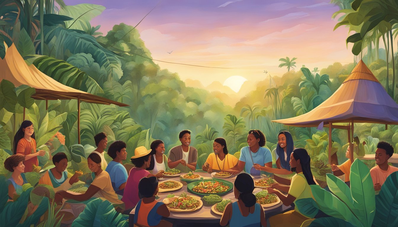 Vibrant rainforest setting with indigenous plants and animals, featuring a group of people enjoying tacos in a communal gathering