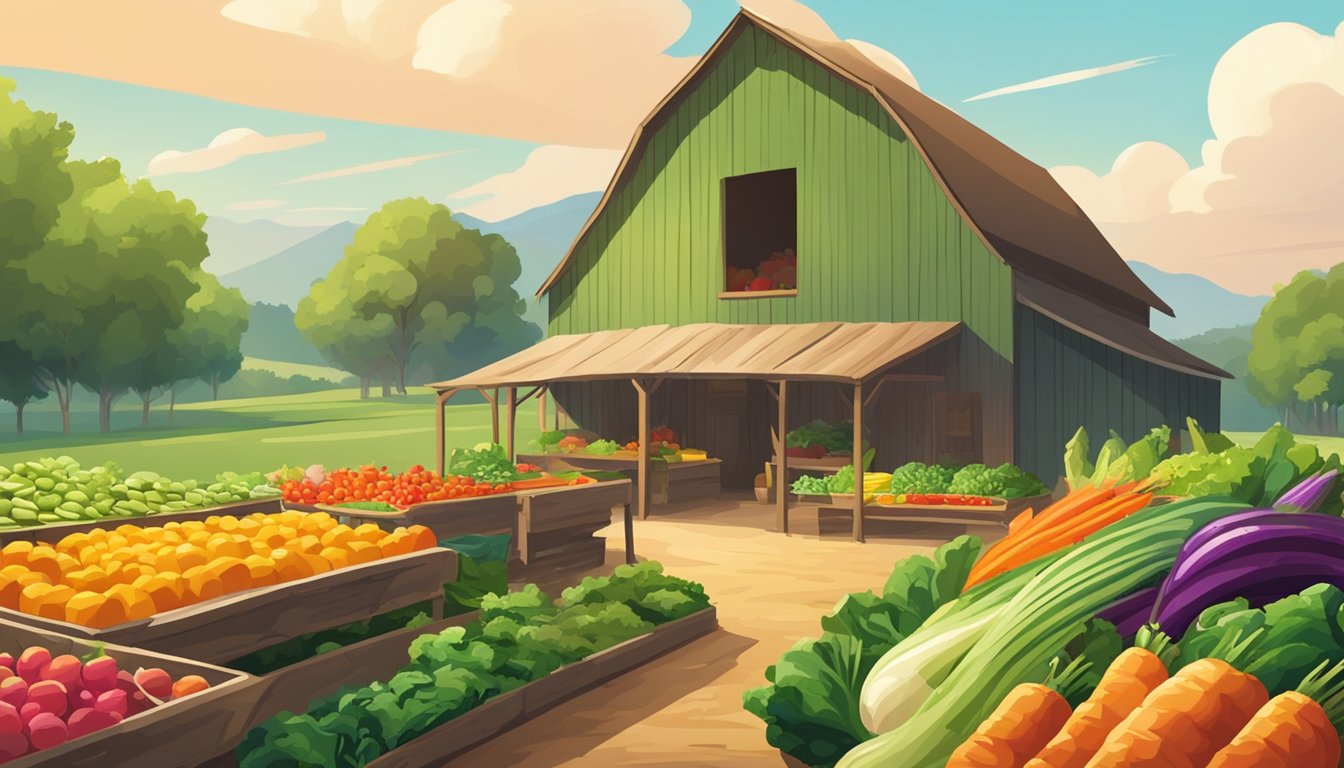 Lush green fields with rows of colorful vegetables, a rustic barn in the background, and a table set with fresh ingredients for making tacos