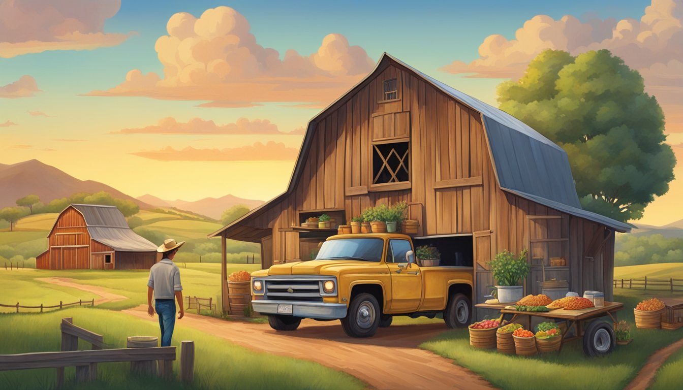 A rustic barn nestled in the Texas countryside, surrounded by rolling hills and grazing cattle. A farmer stands proudly next to a vibrant taco truck, serving up fresh, farm-to-table ingredients